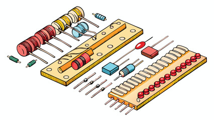 An illustration showing various electronic components arranged on wooden boards and individually displayed