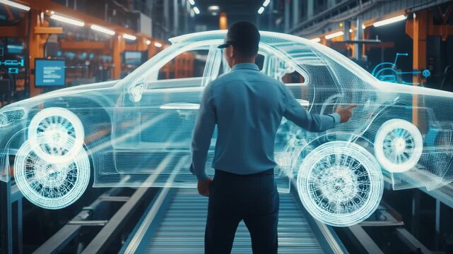 A skilled automotive engineer is seen in a modern manufacturing facility, operating a futuristic assembly line equipped with the latest advanced technology for car production.