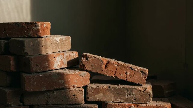 A stack of old red bricks sits in a dark corner, illuminated by a sliver of sunlight. Construction and building materials concept.