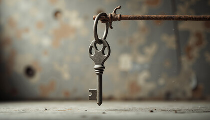 Rustic key hanging on a nail against an old textured background  