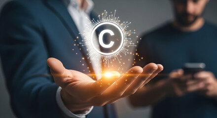 Businessman's hand holding copyright symbol with network, intellectual property concept
