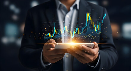 Businessman using a tablet with financial data charts, business and investment concept