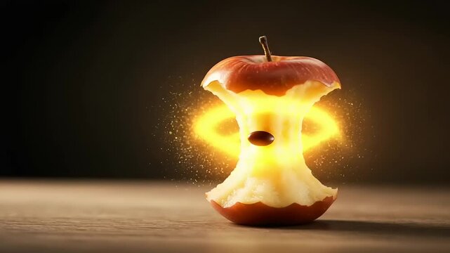 Glowing apple core with swirling energy in dark setting