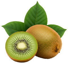 Photo of a Whole Kiwi and a Half with Green Leaves and Black Background