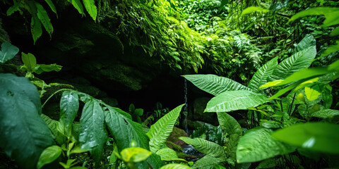 Tropical Rainforest Vegetation and Rock Formation with Water Feature