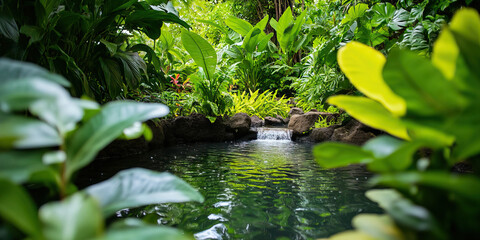 Tropical Pond with Waterfall and Lush Vegetation