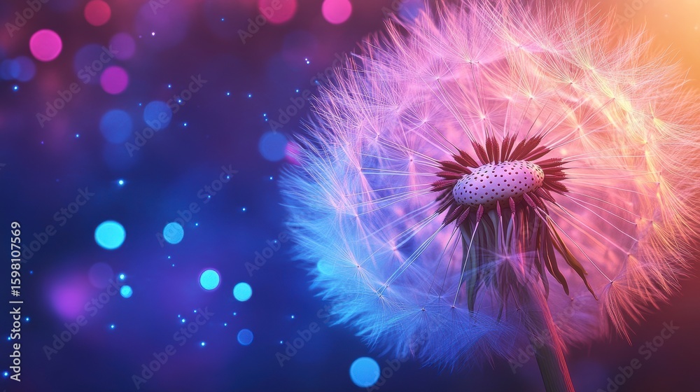Wall mural illuminated dandelion seed head with blurred colorful bokeh background.