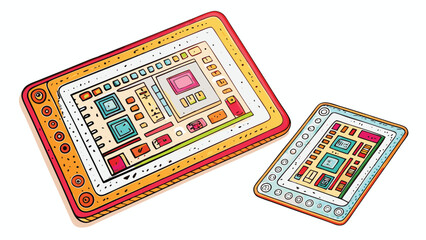 Two tablets displaying complex circuit board designs with colorful components and detailed layouts shown