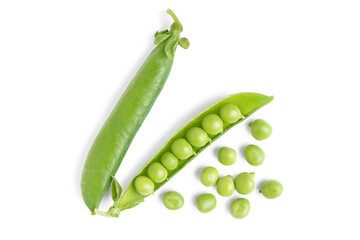 Open green pea pod with individual peas scattered around, isolated on white, transparent...