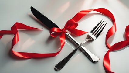 A gift box with a red ribbon, a knife, and a fork arranged on a white surface for a celebration or special occasion.