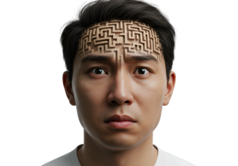 Illustration of a Person with Maze-like Pattern on Forehead Against Black
