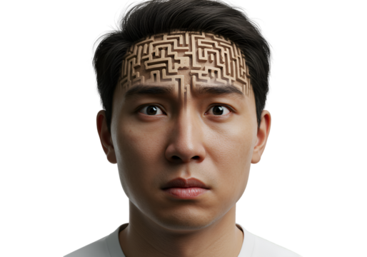 Illustration of a Person with Maze-like Pattern on Forehead Against Black