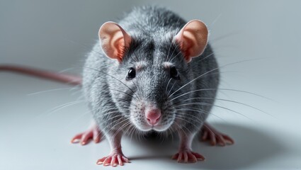 Close-up of a mouse with a pink nose and whiskers on a neutral background.