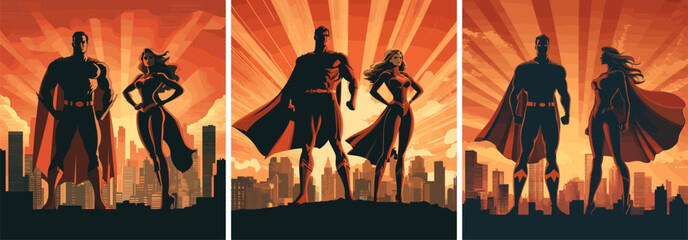 Superhero woman and man cartoon vector scenes. Superman superwoman dynamic poses powerful stance city skyline backdrop futuristic muscular physique heroic comic book style justice urban defenders