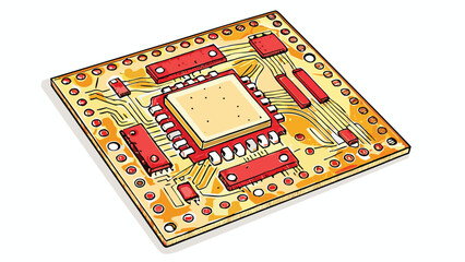 Detailed illustration of a square circuit board with components and wiring on a white background