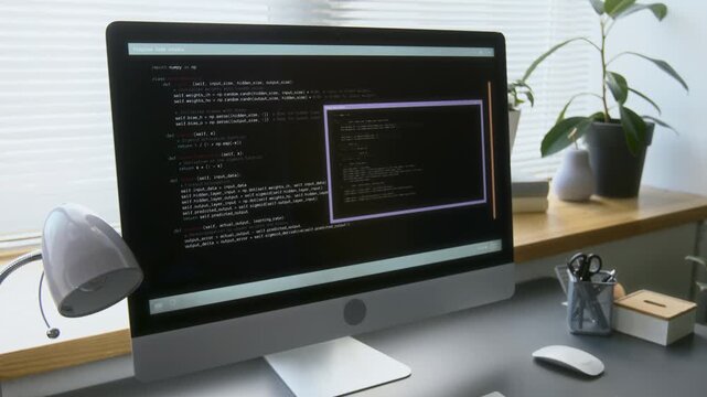 Close up of huge monitor with launched application for coding. Computer placed on table with lamp and office supplies