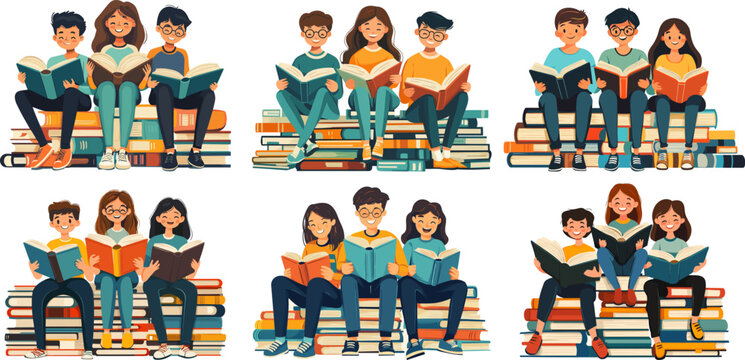 Three teenagers sitting on book pile holding books. Young readers study group academic vibe literary reading nerd knowledge seekers bookworm characters, friends stack novels education library
