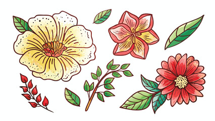 Watercolor floral arrangement featuring yellow, red, and pink flowers with green leaves and stems artfully placed