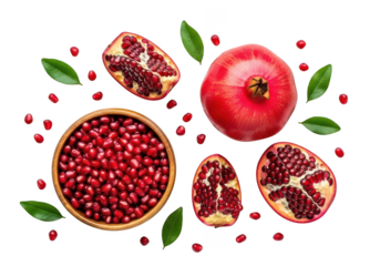 Vibrant whole and cut pomegranates with seeds and leaves on fruit arils