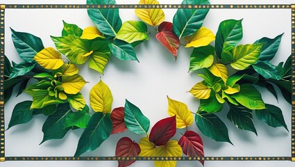 Colorful leaves arranged in a border pattern with green, yellow, and red shades on a white background.