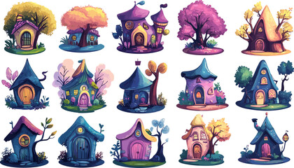 Tiny houses cartoon vector set. Fairy tale cottages whimsical winding stone architecture glowing windows moss covered roofs crooked chimneys magical village storybook charm fantasy miniature dwellings