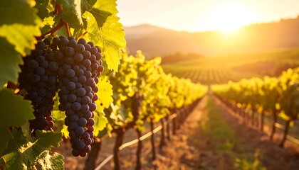 Harvest Ready Grapes in Vineyard at Sunset with Golden Light