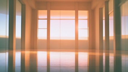 Sunset view through large windows in a spacious room with reflections on the floor. Modern interior space. Tranquil and bright atmosphere. The concept of natural light and openness.