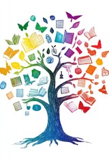 A colorful tree of knowledge with each branch representing different subjects, symbolizing academic success and inspiration for students