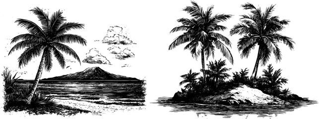 Uninhabited island palm trees engraving vector scenes. Tropical paradise pirate era solitude castaway adventure hidden lagoon wooden raft survival scenario coconut coral reef isolated illustration