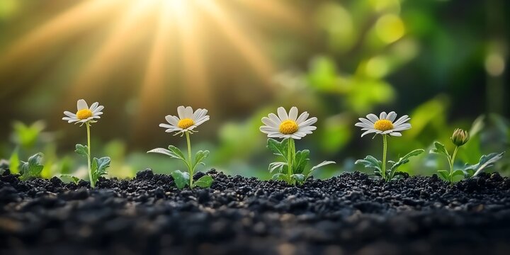 De la graine a la fleur etapes de croissance dune paquerette, soleil eclatant et fond vert naturel, evolution lente