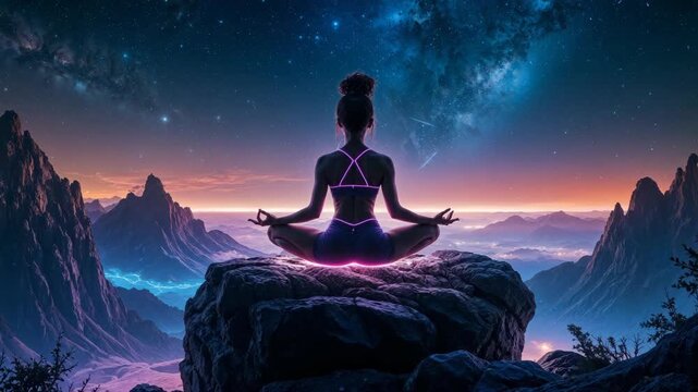 Calm meditation at sunset in a mystical mountain landscape with a starry sky.