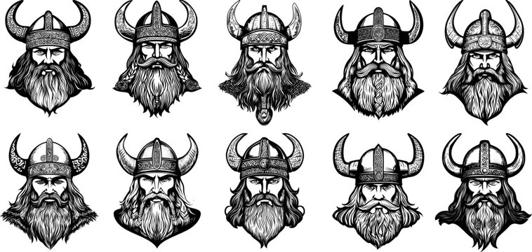 Viking heads black ink sketch vector set. Horns armour helmet bearded mans, marauders norseman norse raiders warrior saga scandinavian heroes berserker characters avatars, isolated illustrations