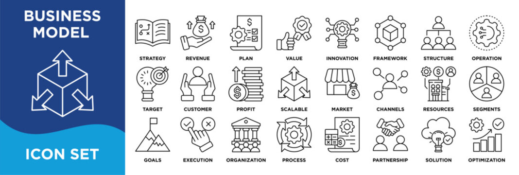 BUSINESS MODEL icon collection set. Containing strategy,revenue,plan,value,innovation,framework,structure,operation,target,customer icon. Simple line vector.