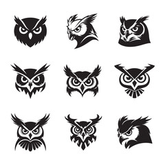 Owl face silhouette, Set of owl with different pose vector silhouette Owl silhouettes, Barn owl silhouette, Owl silhouettes vector illustration, Owl clip art