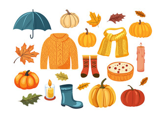 Big autumnal elements set. Cartoon colorful illustration with autumn symbols and attributes. Vector fall illustration set