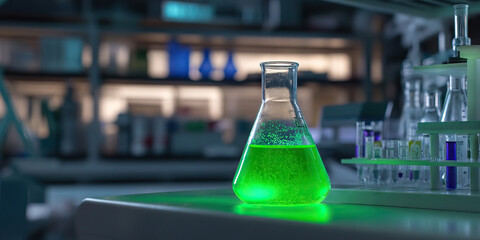 Erlenmeyer Flask with Green Liquid in Laboratory Setting