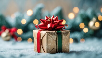 A Christmas gift wrapped in gold paper with a red and green ribbon and bow, set against a festive background with blurred lights.