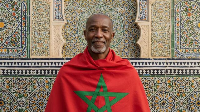 Smiling senior Black man wrapped in a Moroccan flag. Proud patriot standing in front of a traditional Zellij tile wall. Cultural travel and national identity concept.