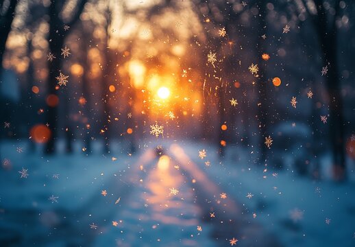 Golden sunlit snow falling on frosted window pane winter snowflakes