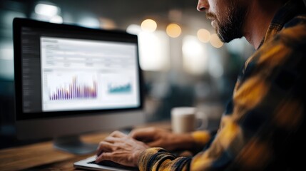 A business owner tracks ad spend performance on a computer dashboard  long title A focused business owner analyzes advertising and sales performance