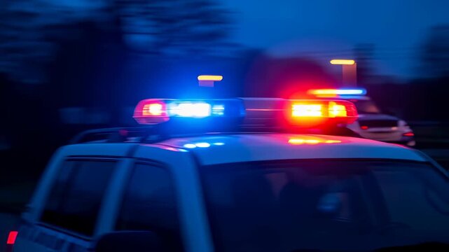 Police car speeding down the road at night, flashing siren lights cutting through darkness, creating an intense sense of urgency and motion blur against the shadowy backdrop
