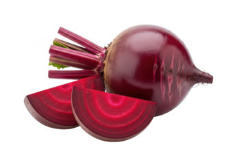 Whole beet and slices with vibrant red interior on beetroot vegetable