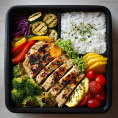 Delicious bento box featuring grilled chicken breast, fresh vegetables, and fragrant rice for a wholesome meal
