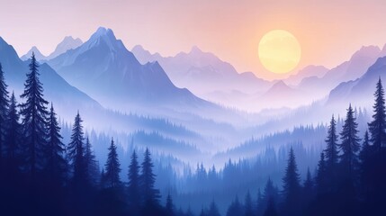 Obraz premium Serene Mountain Landscape at Dawn with Misty Valley and Rising Sun Casting Warm Hues Over the Peaks and Pine Forests