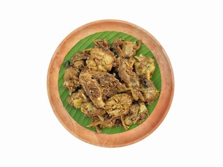 Minced duck meat with sweet and spicy spices on wooden plate isolated on white background, Flat lay 