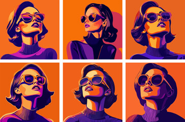 Woman portraits cartoon vector set. fashion trendy glasses female urban lady model faces avatars, hot vogue edgy looks person character, isolated illustrations on white background