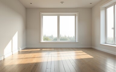 Fototapeta premium A modern living room with neutral color palette large windows letting in soft natural light clean wooden floor in the foreground left empty for product place. High quality