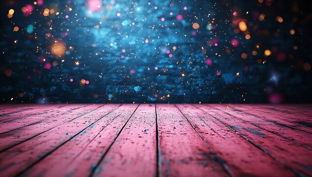 Pink wooden planks with blue textured background and bokeh lights festive celebration
