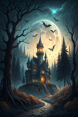 Spooky halloween castle on a hill under a full moon with bats flying