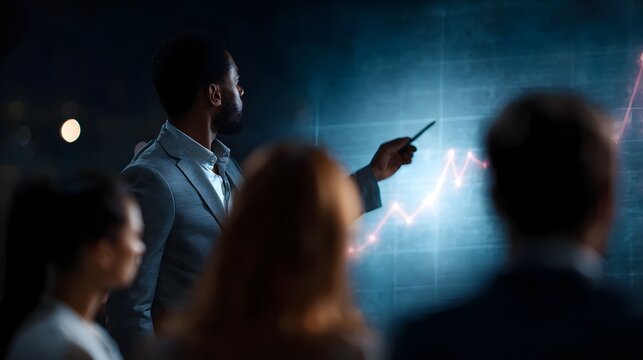 Manager presenting sales target chart to business team - Powered by Adobe